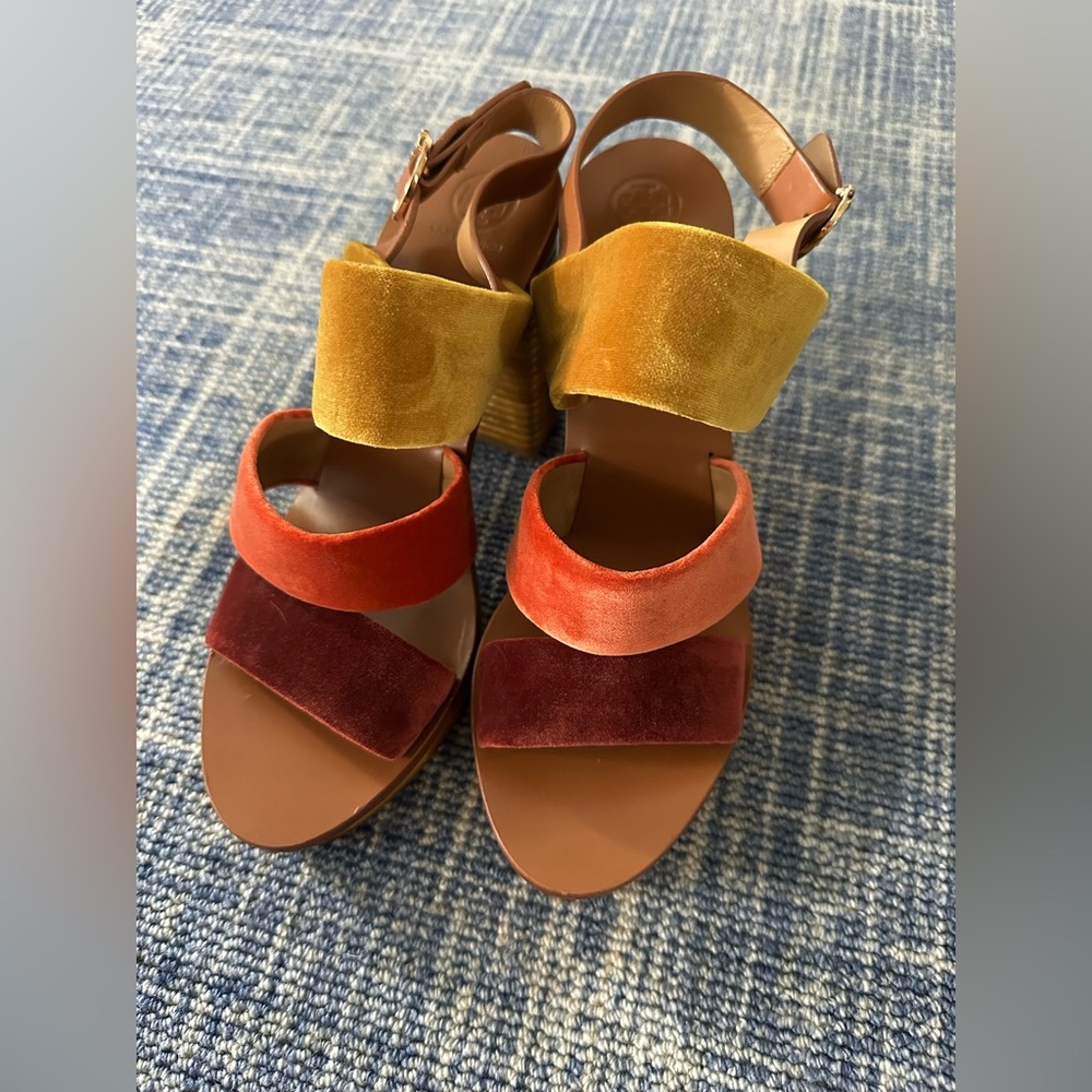 Tory Burch Colorful Velvet Strap Sandals with platform base and beautiful heel